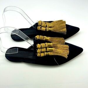 Sanayi 313 - Black Velvet With Gold Tassel Pointed Toe Slipper Slide Size 40
